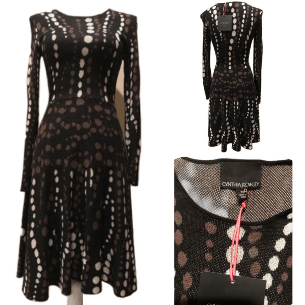 NWT Cynthia Rowley Black Brown Ivory Polka Dot Fit Flare A-line Jersey Dress XS